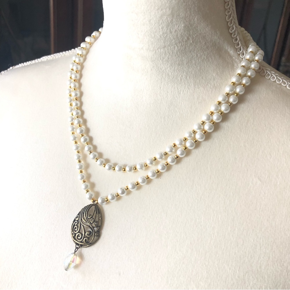 Handcrafted white Czech Pearl genuine almandine garnet gemstone clasp necklace